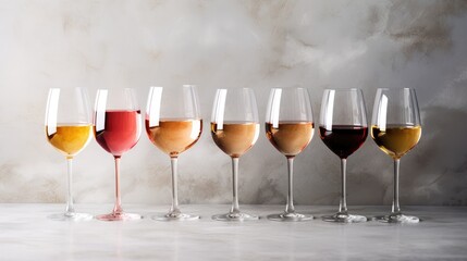 enticing flat lay of red, rose, and white wine in glasses, with corkscrews on a chic gray concrete...