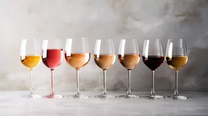 Fotobehang enticing flat lay of red, rose, and white wine in glasses, with corkscrews on a chic gray concrete background. © pvl0707