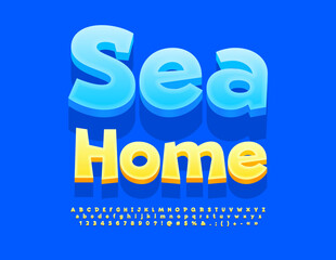 Vector travel icon Sea Home. Sunny Yellow 3D Font. Artistic Alphabet Letters and Numbers set.
