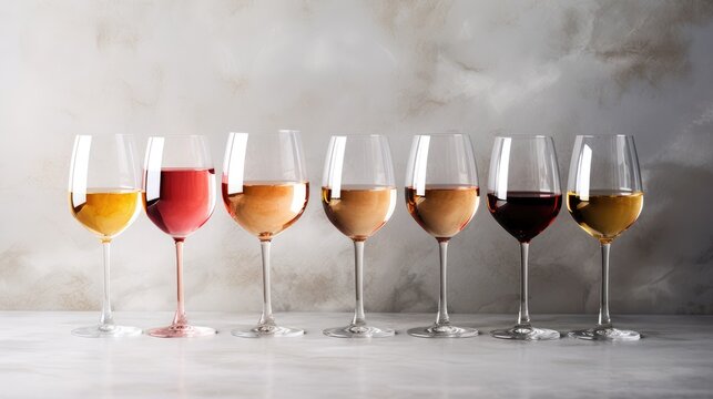 enticing flat lay of red, rose, and white wine in glasses, with corkscrews on a chic gray concrete background.