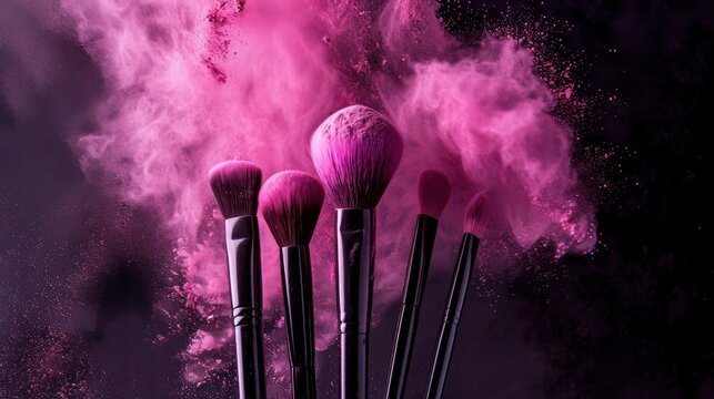 makeup brushes with whirling pink powder   