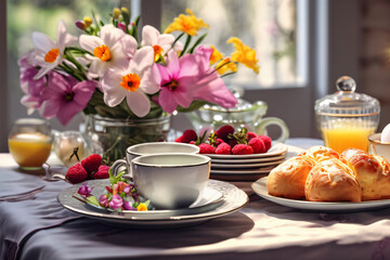 Ostern Tisch Dekoration süßen Hasen und bunten Blumen und Ostereiern, Kuchen und Getränke