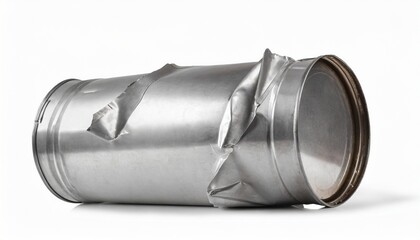crumpled silver metal barrel white background isolated closeup dented oil drum crushed steel keg...