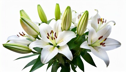 Fototapeta na wymiar white lily flowers and buds with green leaves on white background isolated close up lilies bunch elegant bouquet lillies floral pattern romantic holiday greeting card wedding invitation design