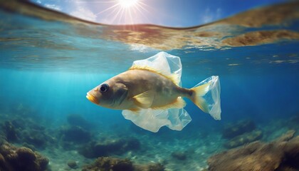 fish like a plastic bag water pollution concept ecological problems waste in the ocean rubbish in...