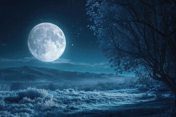 Fototapeta na wymiar Bright full moon illuminating a silent night landscape