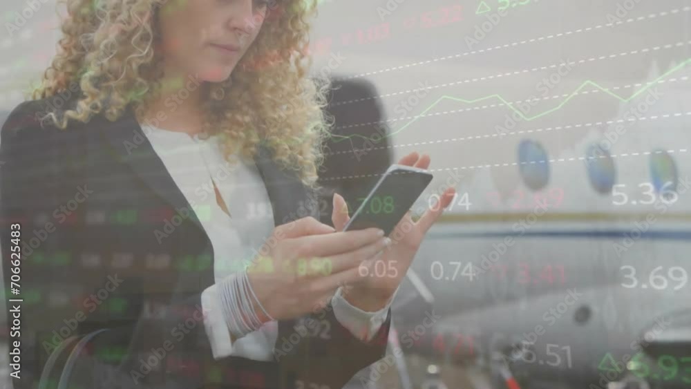 Poster animation of data processing over caucasian businesswoman using smartphone by plane