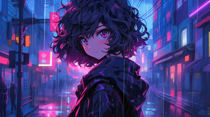 Cute Anime Girl Exploring the Neon-Lit Backstreets on a Rainy Night. Anime Synthwave Wallpaper. 
