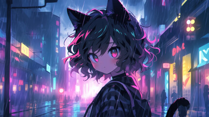 Cute Anime Girl Exploring the Neon-Lit Backstreets on a Rainy Night. Anime Synthwave Wallpaper. 