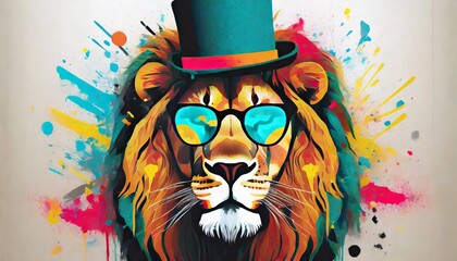 colorful graffiti style lion with top hat and glasses illustration