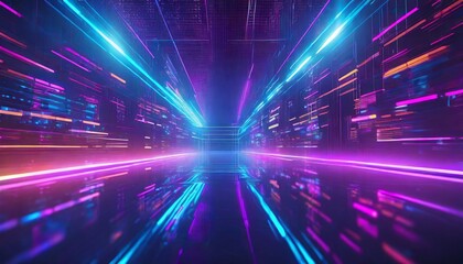 Fototapeta na wymiar 3d render abstract futuristic neon background holographic linear shape glowing inside the virtual cyber space ultraviolet wallpaper