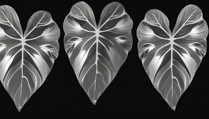 silver metal heart shape leaf black background isolated silver tropical leaves shiny gray metallic...