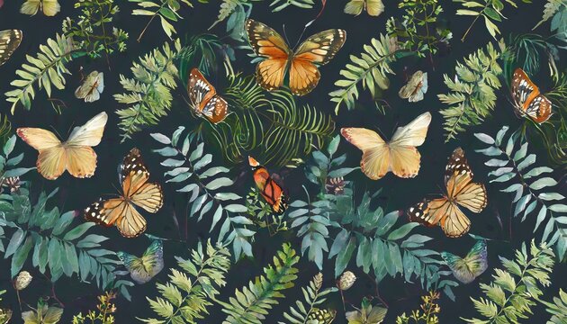 vintage dark botanical pattern forest background with butterflies beetles herbs fern flowers watercolor elements hand drawing design for fabric paper wallpaper notebook covers