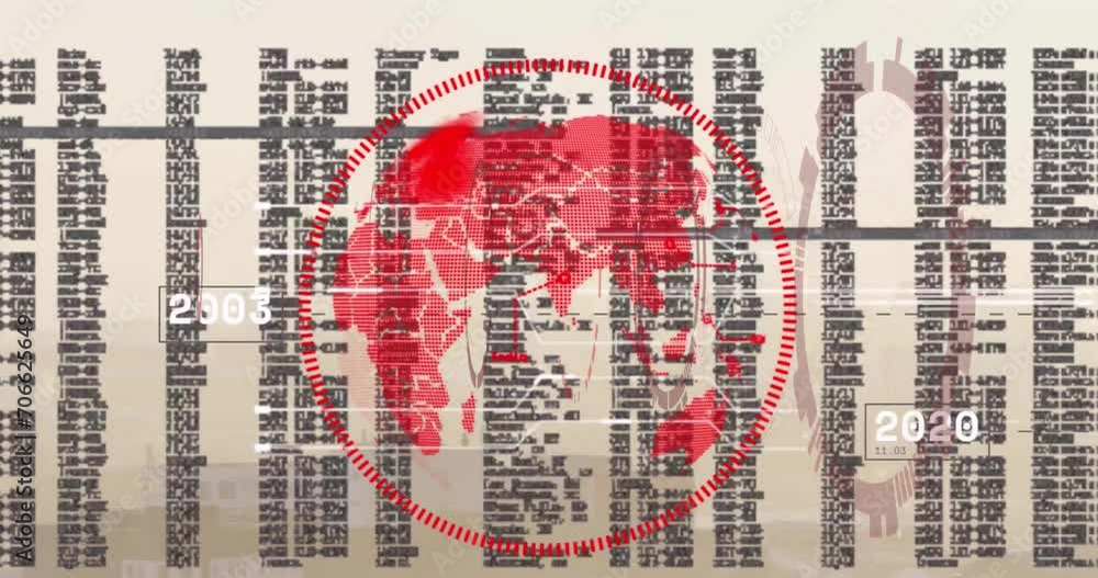 Poster animation of circular scanner, red globe and data processing over cityscape