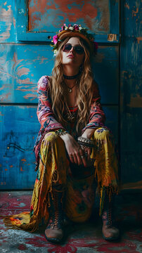 beautiful portrait of a hippie girl, hippie woman, 70s hippie woman, fashion