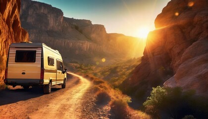 a van traveling at sunset in nature on a canyon path for a road trip to adventure and freedom
