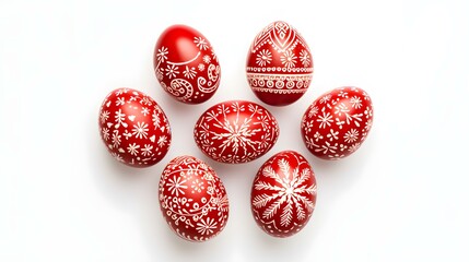 Light Red Easter Eggs on a white Background. Artistic Easter Template with Copy Space