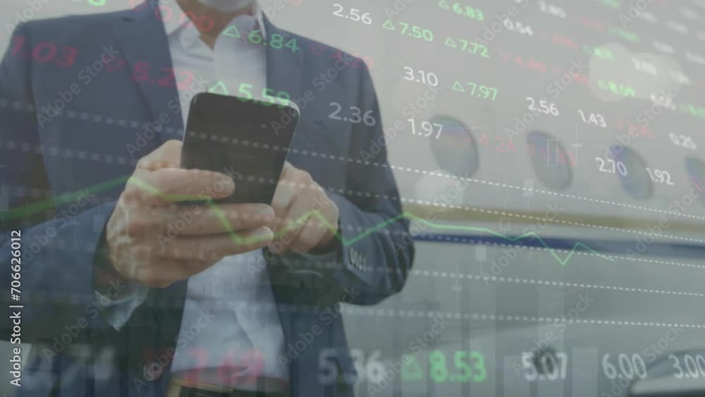 Poster animation of data processing over senior caucasian businessman using smartphone by plane