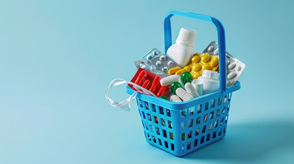 Shopping basket is filled with various pharmaceutical products