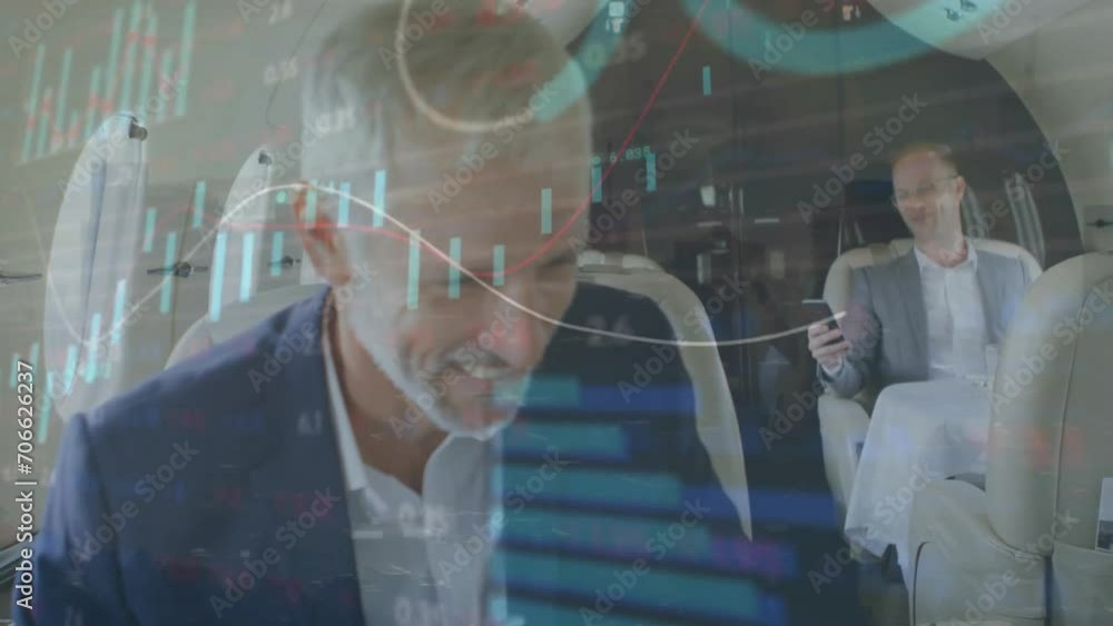 Poster animation of data processing over happy caucasian businessmen using smartphones on plane