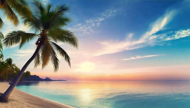 paradise beach with palm trees and calm ocean at dawn or sunset panoramic banner of a peaceful landscape generative ai