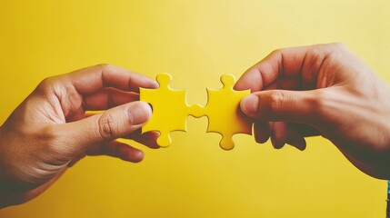 Photo closeup hands of man connecting jigsaw puzzle two hands trying to connect couple puzzle with yellow background hand connecting jigsaw puzzle man hands connecting couple puzzle piece    - obrazy, fototapety, plakaty