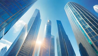 Fototapeta na wymiar modern skyscrapers of a smart city futuristic financial district graphic perspective of buildings and reflections architectural blue background for corporate and business brochure template