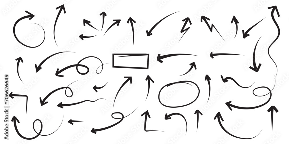 Poster doodle vector arrows and design elements set . hand drawn set of icons, frames, borders, arrows in c