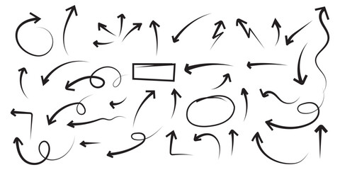 Doodle vector arrows and design elements set . Hand drawn set of icons, frames, borders, arrows in cartoon style. Elements for infographics. Direction pointers. Scribbles and scrawls.