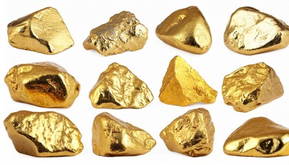golden stones set on white background isolated close up gold nuggets collection yellow metal rocks...