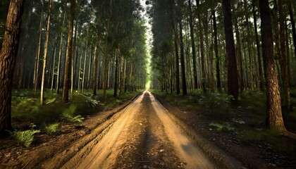 dirt road through dark forest