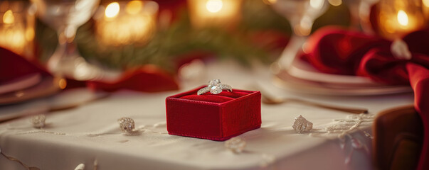 Engagement ring in red box on served table - obrazy, fototapety, plakaty