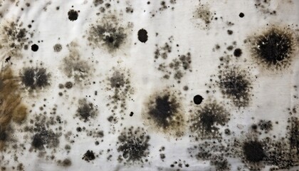 fungus on fabric texture of old white cotton with black mold spots and dirty