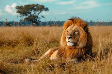 Majestic lion basking in the savannah sun King of the jungle