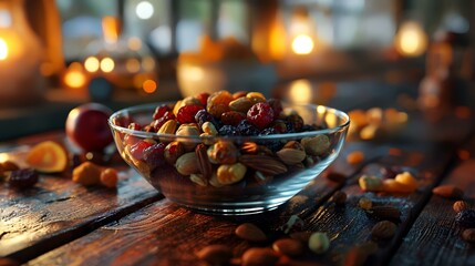 Mix of nuts and dried fruits in glass bowl on wooden table.