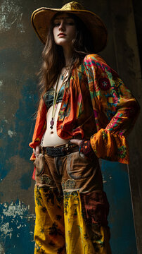 beautiful portrait of a hippie girl, hippie woman, 70s hippie woman, fashion