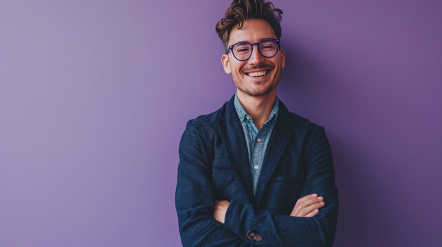 Man is smiling and standing confidently with his arms crossed, set against a plain purple background