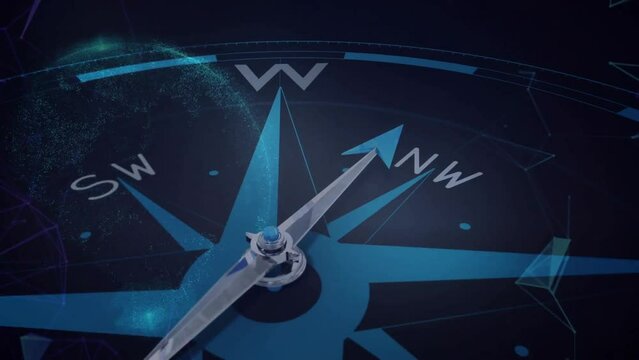 Animation of magnetic needle on compass passing directions and pointing to north over globe in space