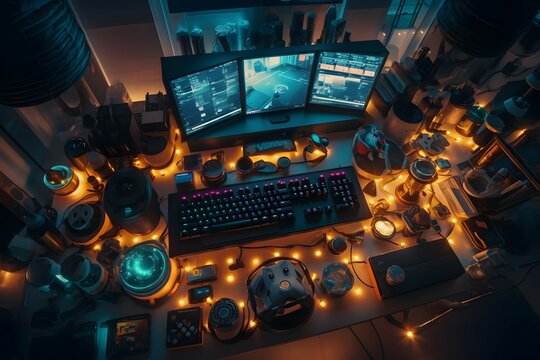 Bird S Eye View Of Vibrant Lit Gaming Equipment On Table. Representing Pro Gaming, Esports, And Online World. , .highly Detailed,   Cinematic Shot   Photo Taken By Sony   Incredibly Detailed, Sharpen