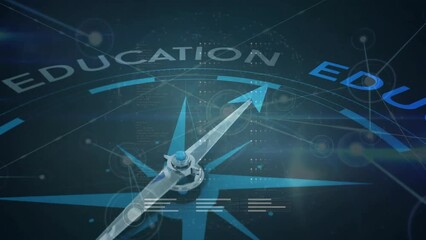 Animation of magnetic needle on compass pointing to education text over processing data and networks - Powered by Adobe