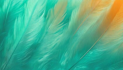 Fototapeta na wymiar beautiful green turquoise color trends feather texture background with orange light