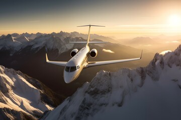 A breathtaking photograph of the Bombardier Global 7000, captured as it soars gracefully above a mesmerizing landscape of snow-capped mountains and pristine lakes. The sleek, elegant lines of the airc