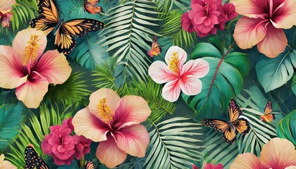 vintage floral seamless pattern tropical wallpaper with hibiscus flowers palm leaves butterflies luxury botanical background hand drawn 3d illustration premium design for wallpaper fabric