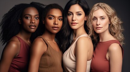 Fototapeta premium striking image of four young women with distinct skin types, united in strength and beauty. Perfect for promoting inclusivity, empowerment, and cultural diversity.