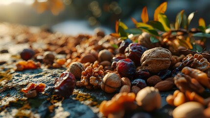 Dried fruits and nuts on a stone background. Selective focus.