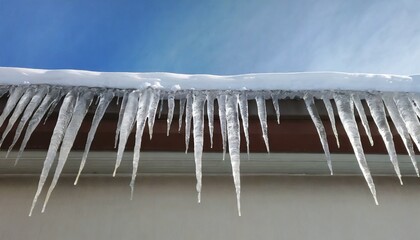 icicles on house roof in cold winter