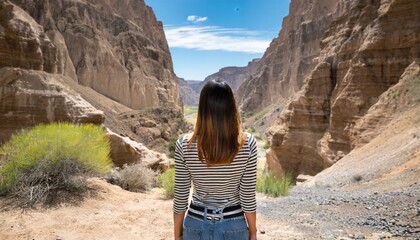 a young woman alone in nature seen from behind in front of a canyon ready to cross the desert a journey through the difficulties and trials of life towards the unknown adventure and freedom - obrazy, fototapety, plakaty