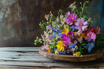Freshly cut bouquet of wildflowers resting on a rustic table