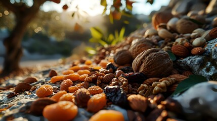 Dried fruits and nuts on a stone path in the garden. - obrazy, fototapety, plakaty