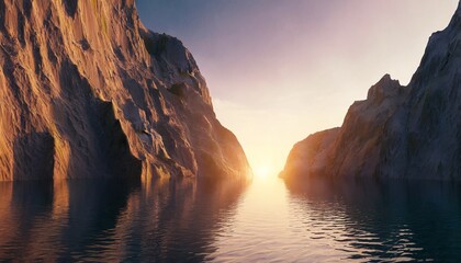 Fototapeta na wymiar 3d render futuristic landscape with cliffs and water modern minimal abstract background spiritual zen wallpaper with sunset or sunrise light